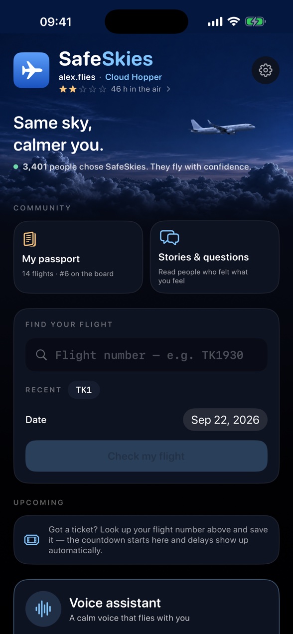 Home: find your flight, community, voice assistant