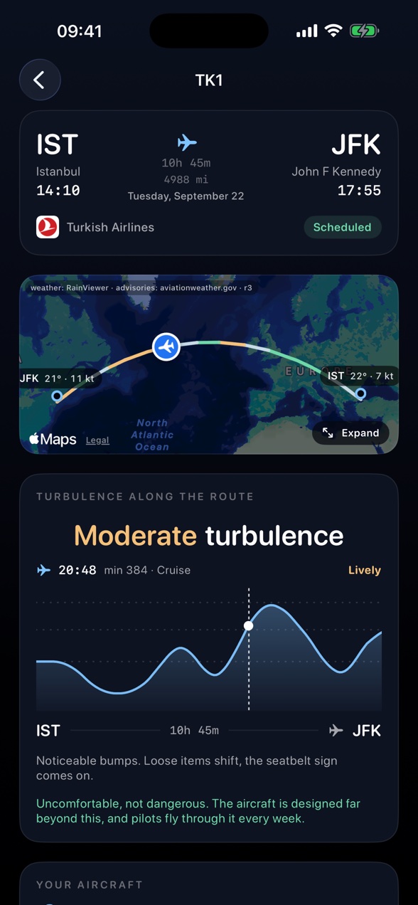 Flight report: route map and minute-by-minute turbulence chart